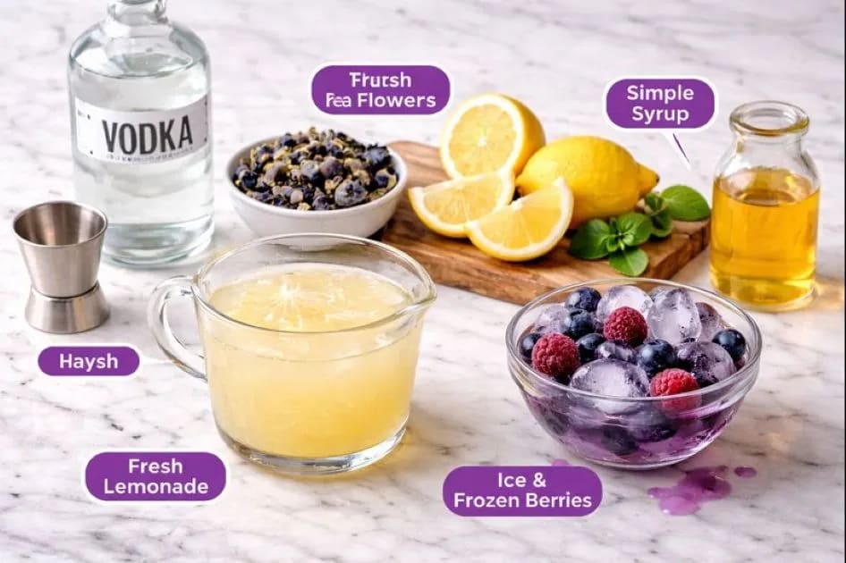 Ingredients for First Watch Purple Haze Recipe on my kitchen table.