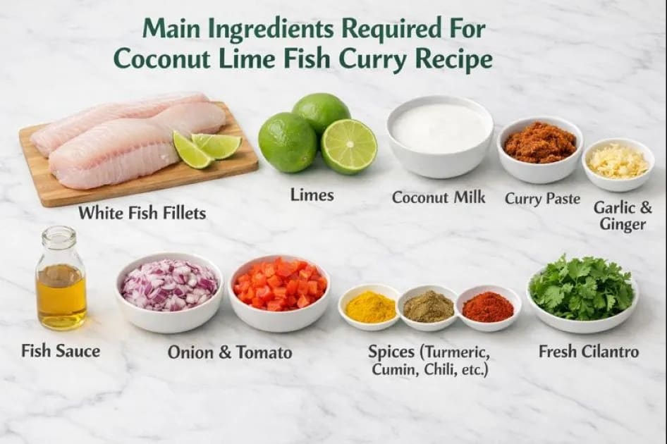 Ingredients Required For Coconut Lime Fish Curry Recipe on my kitchen table