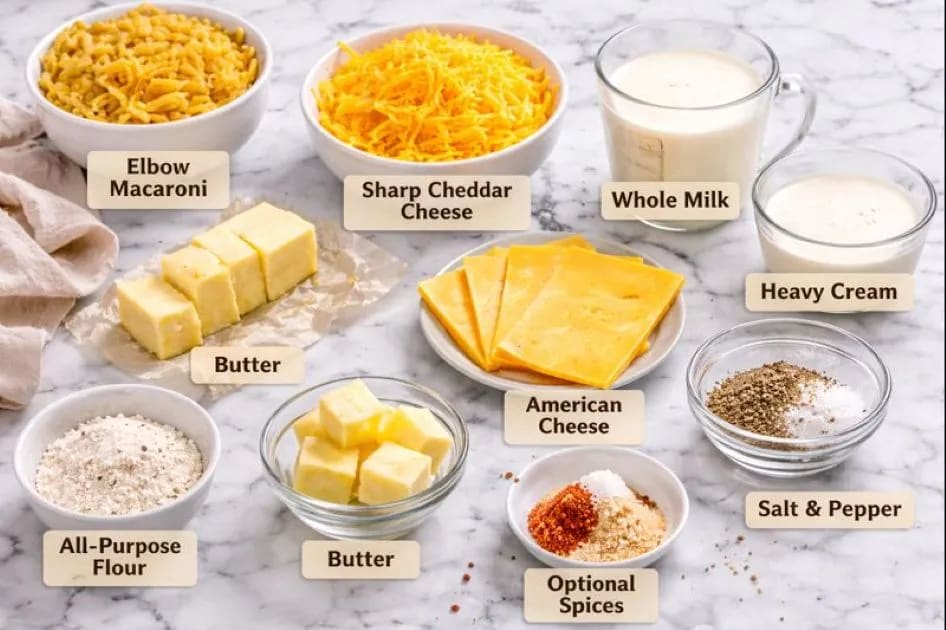 Ingredients for Texas Roadhouse Mac and Cheese Recipe on my kitchen table.