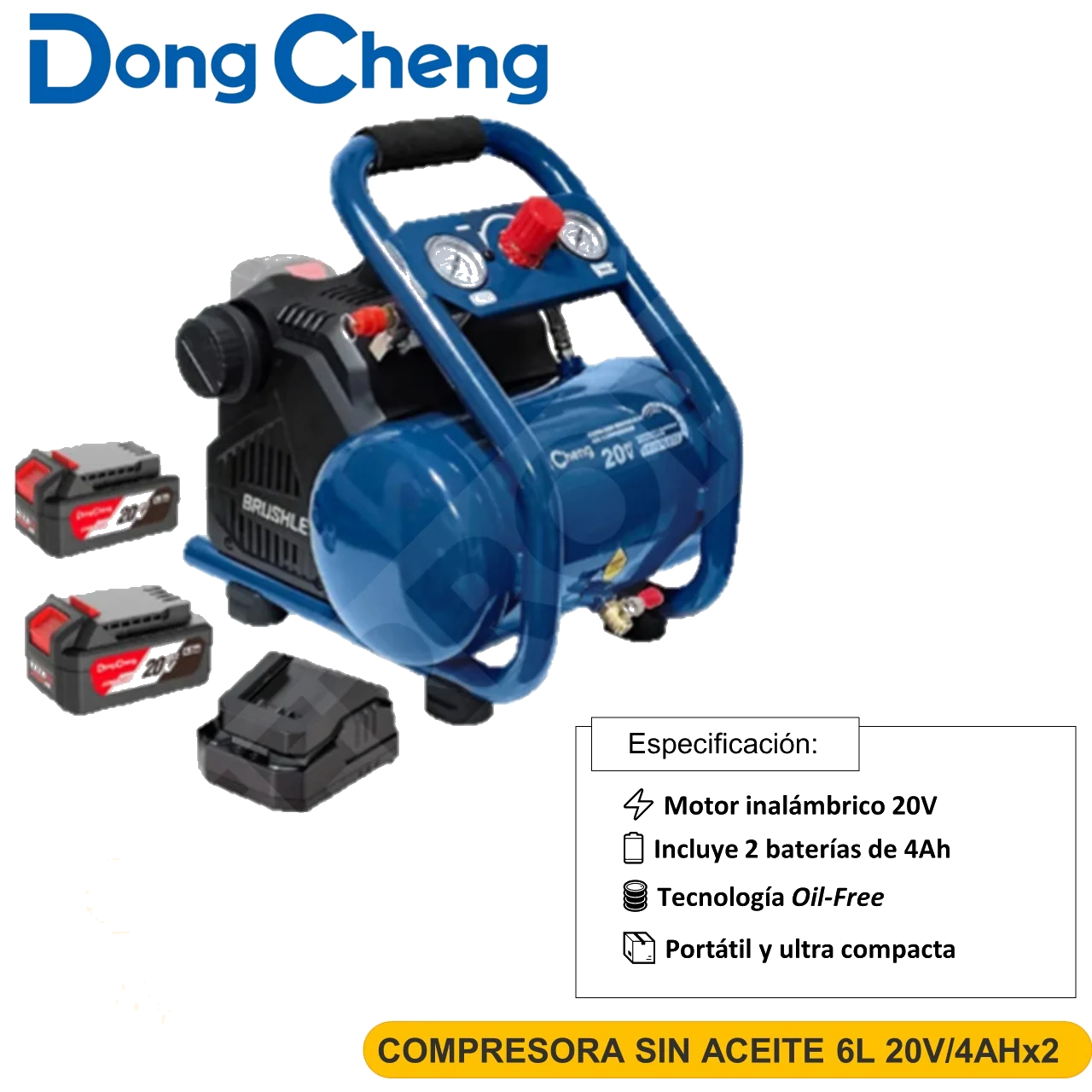 COMPRESORA SIN ACEITE 6L 20V/4AHx2 DONGCHENG