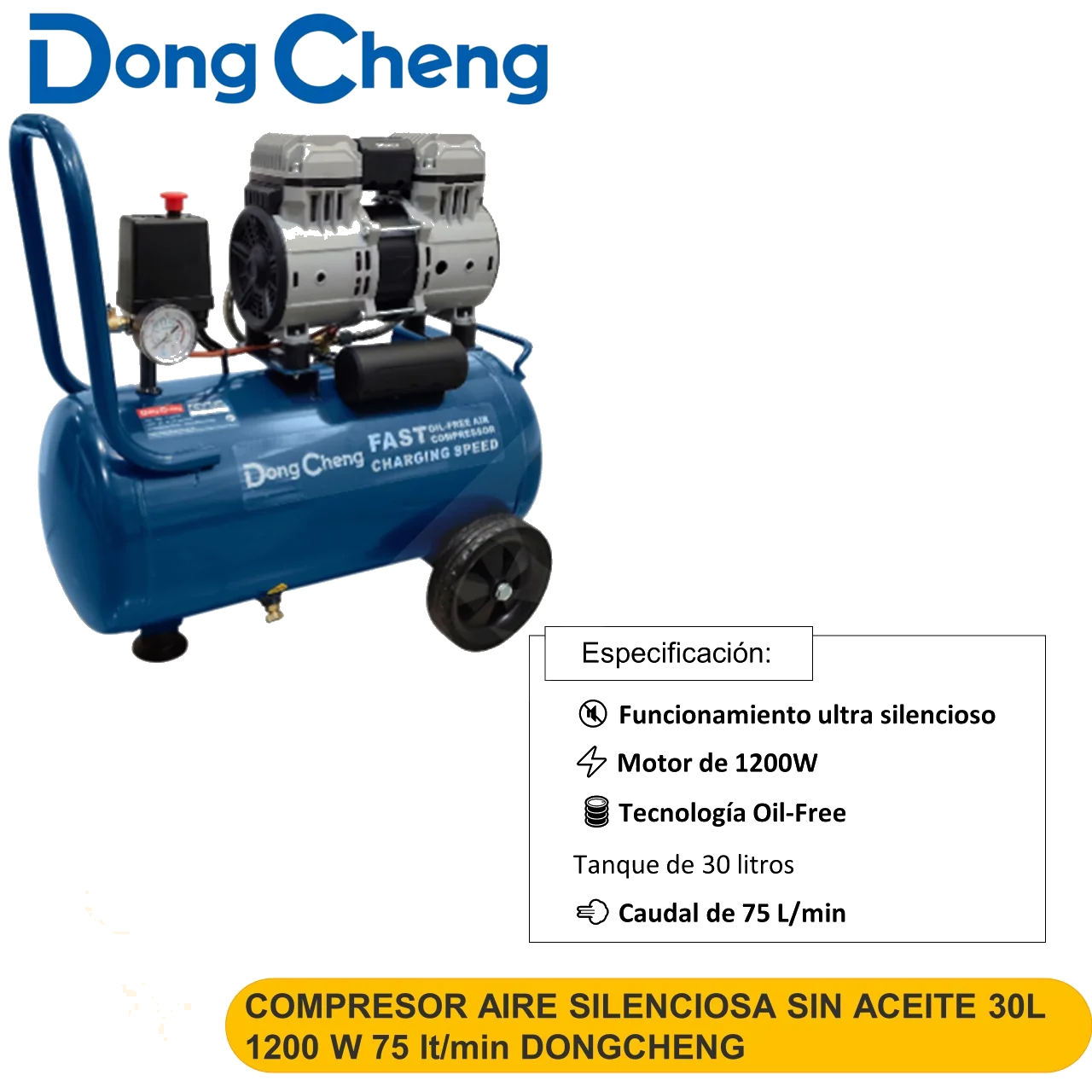 COMPRESOR AIRE SILENCIOSA SIN ACEITE 30L 1200 W 75 lt/min DONGCHENG