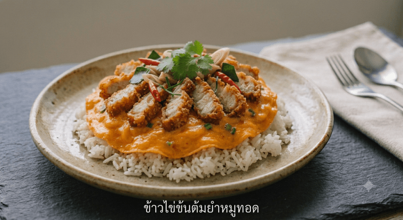 ข้าวไข่ข้นต้มยำหมูทอด