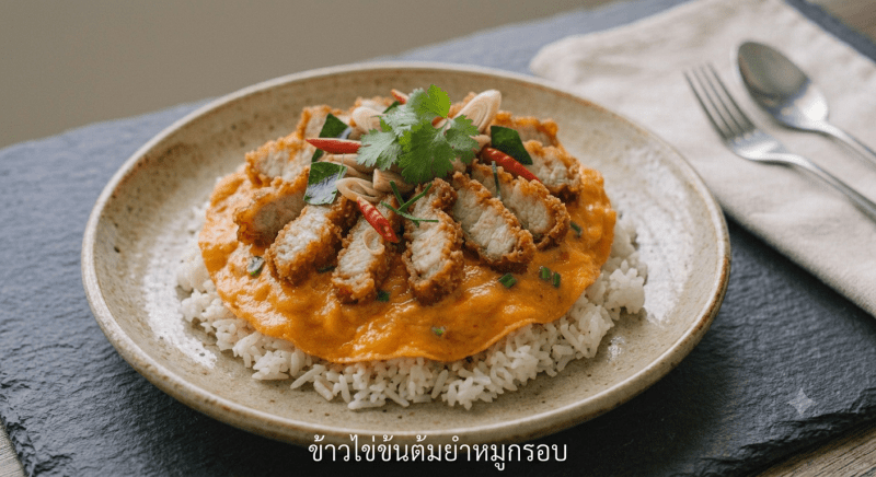 ข้าวไข่ข้นต้มยำหมูกรอบ