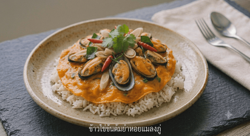 ข้าวไข่ข้นต้มยำหอยแมลงภู่