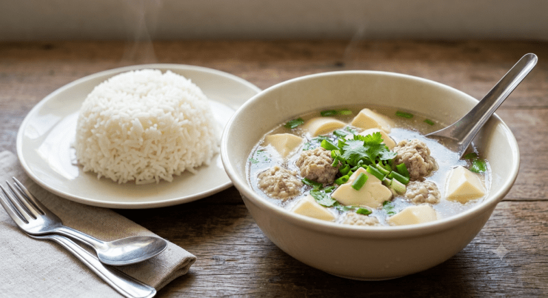 Tofu Clear Soup with Minced Pork with Rice