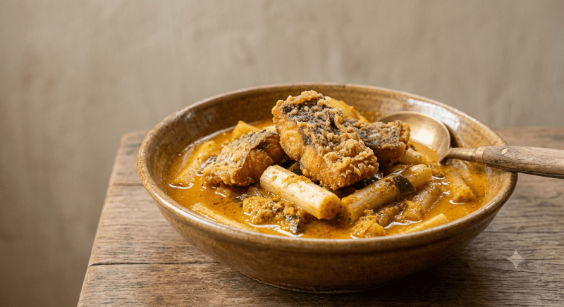 Southern Yellow Curry with Lotus Stems with Fried Sea Bass
