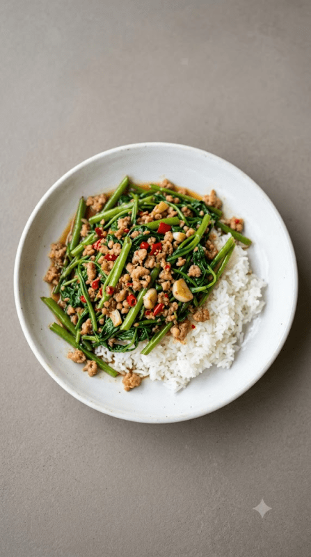 Stir-fried Morning Glory over Rice with Minced Pork