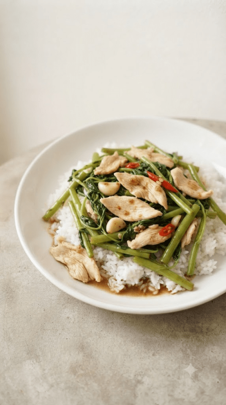 Stir-fried Morning Glory over Rice with Sliced Chicken