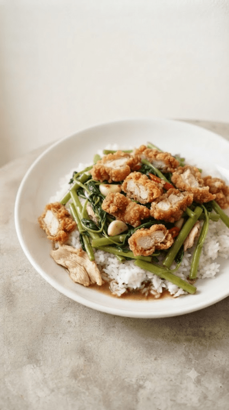 Stir-fried Morning Glory over Rice with Crispy Chicken