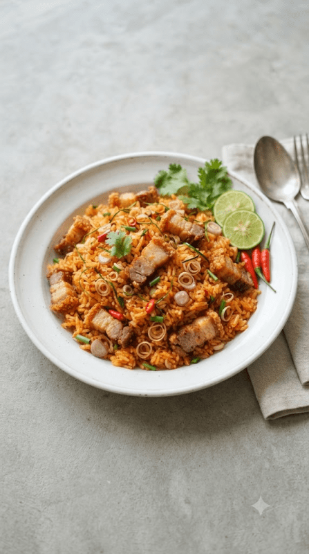 ข้าวผัดต้มยำหมูกรอบ