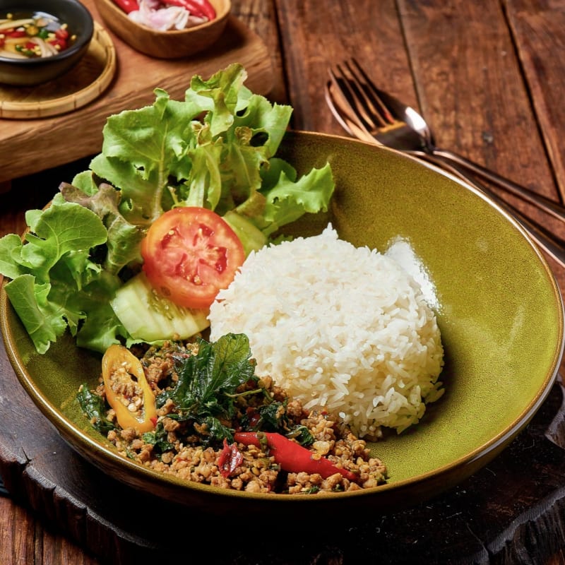 Stir-fried Holy Basil over Rice with Minced Pork