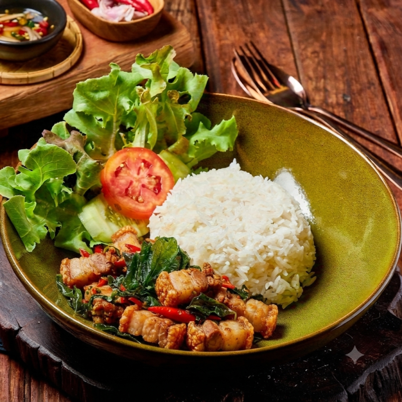 Stir-fried Holy Basil over Rice with Crispy Pork