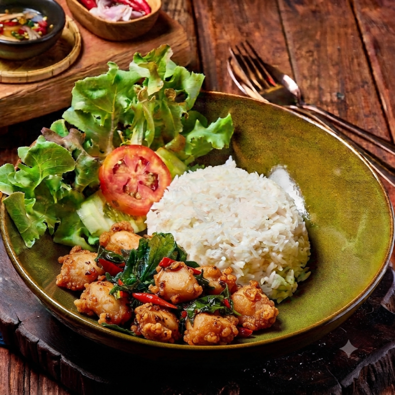 Stir-fried Holy Basil over Rice with Sliced Chicken