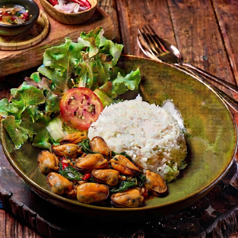 Stir-fried Holy Basil over Rice with Mussels