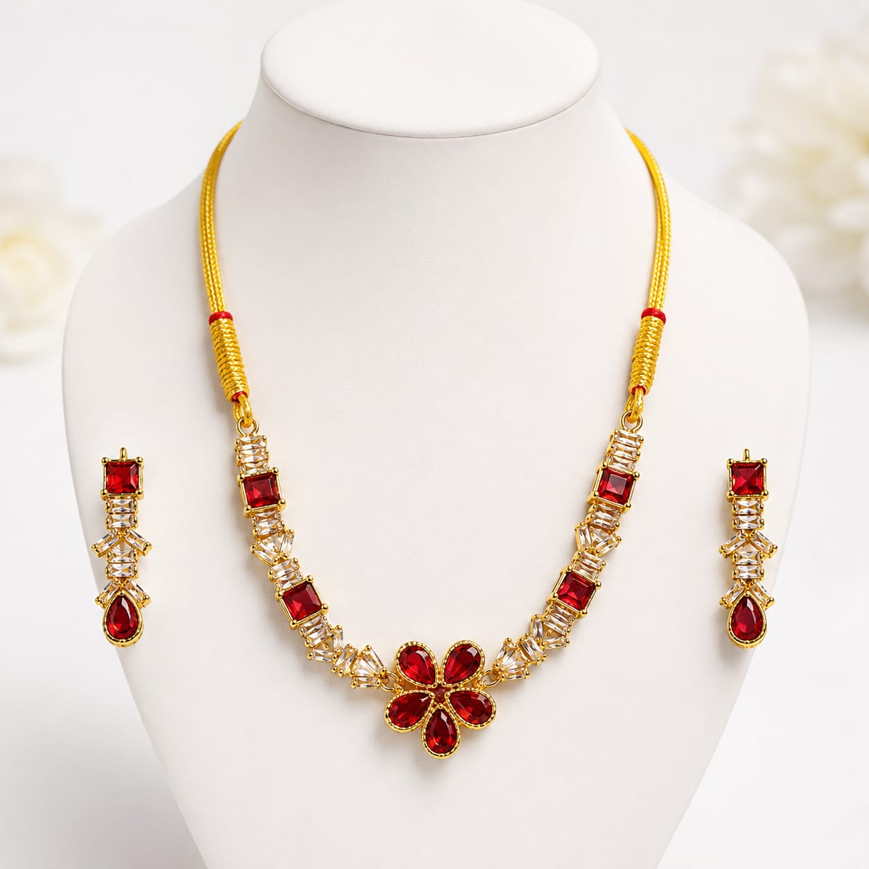 Ruby Blossom Crystal Necklace Set
