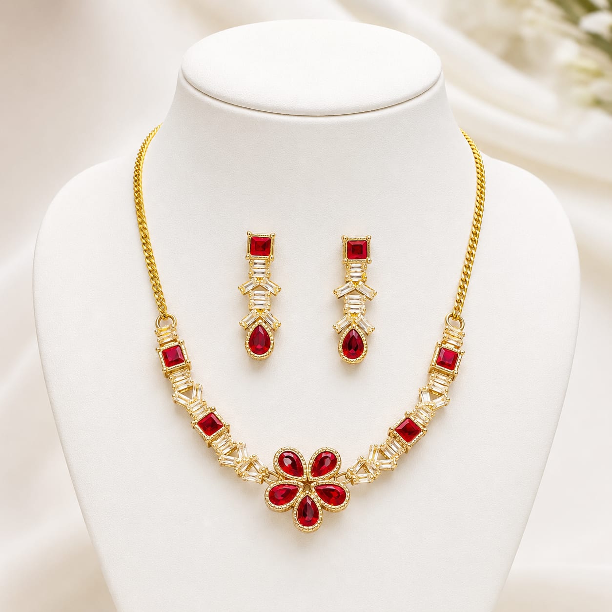 Ruby Blossom Crystal Necklace Set — handcrafted Necklace by Wear Adora Pakistan