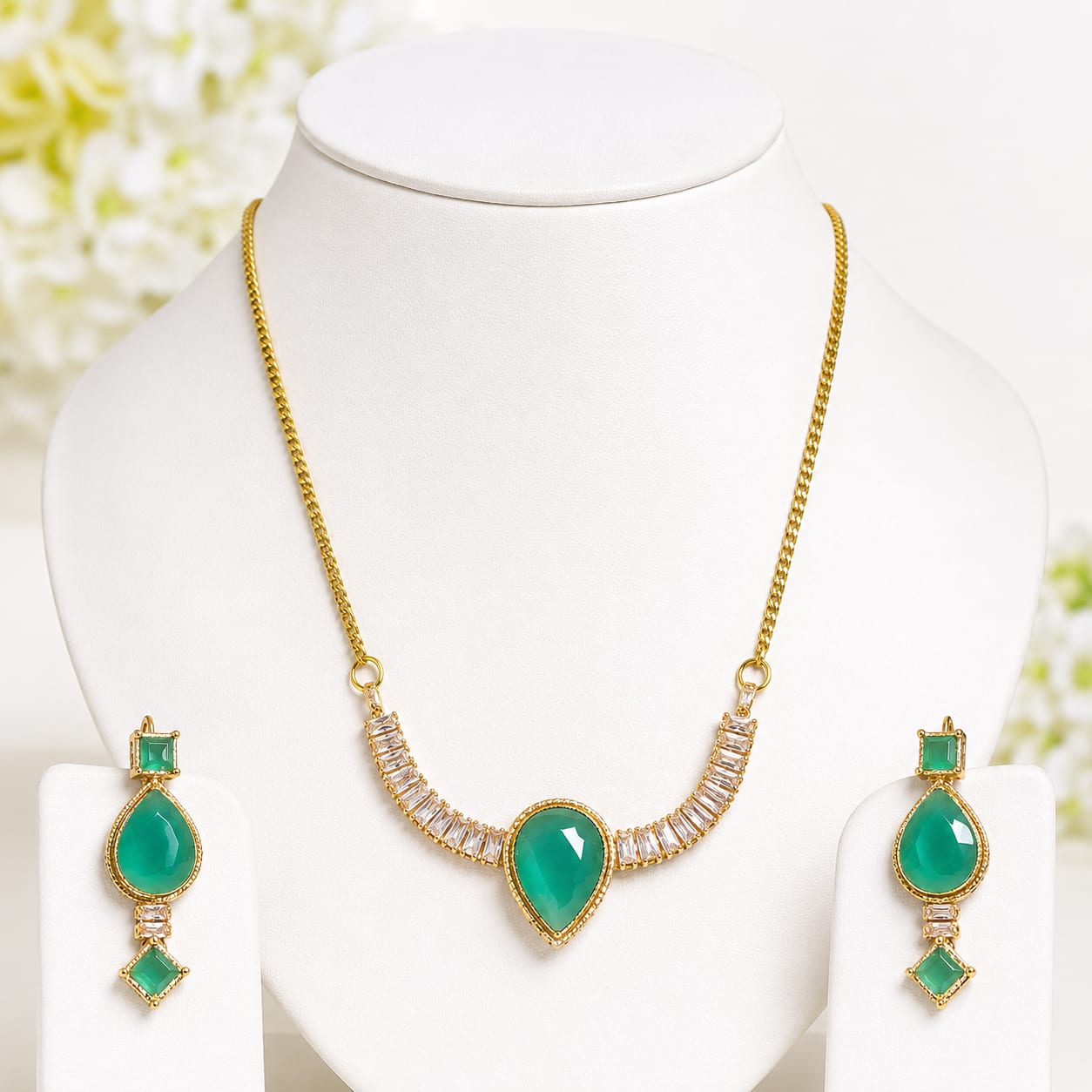 Emerald Dew Zircon Necklace Set — handcrafted Necklace by Wear Adora Pakistan