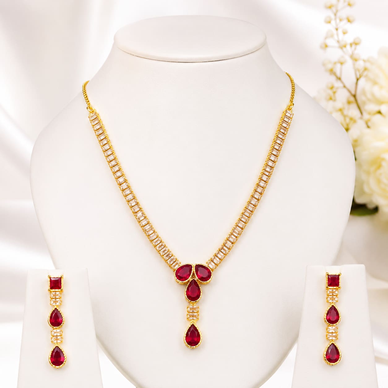 Ruby Red Teardrop Zircon Necklace Set — handcrafted Necklace by Wear Adora Pakistan
