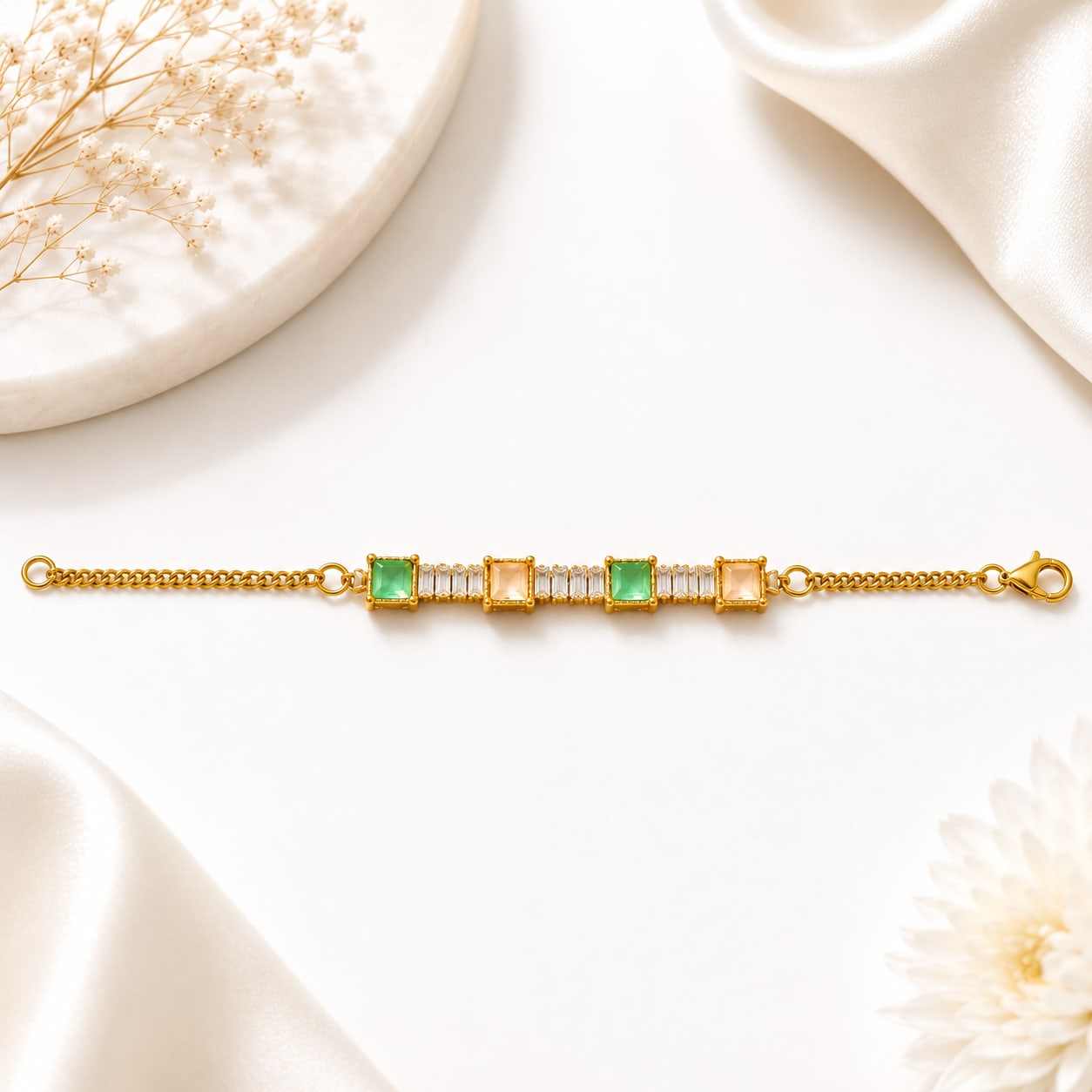 Emerald & Champagne Multistone Zircon Bar Bracelet — handcrafted Necklace by Wear Adora Pakistan