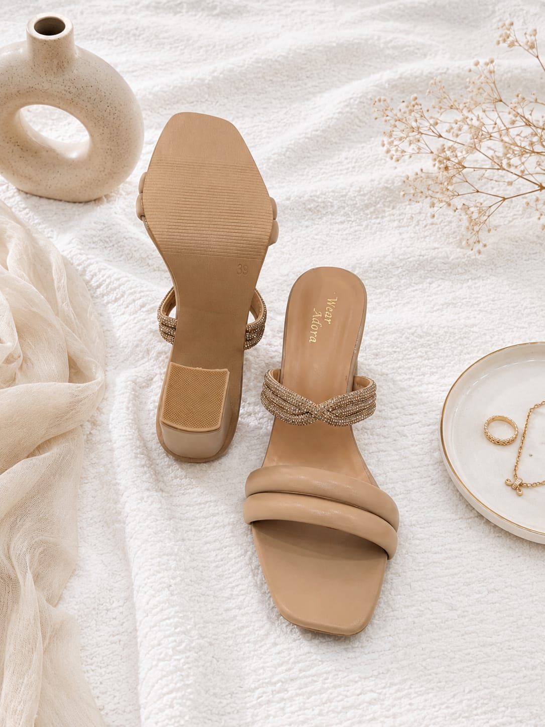 Beige Block Heel Embellished Slides — handcrafted Heels by Wear Adora 5