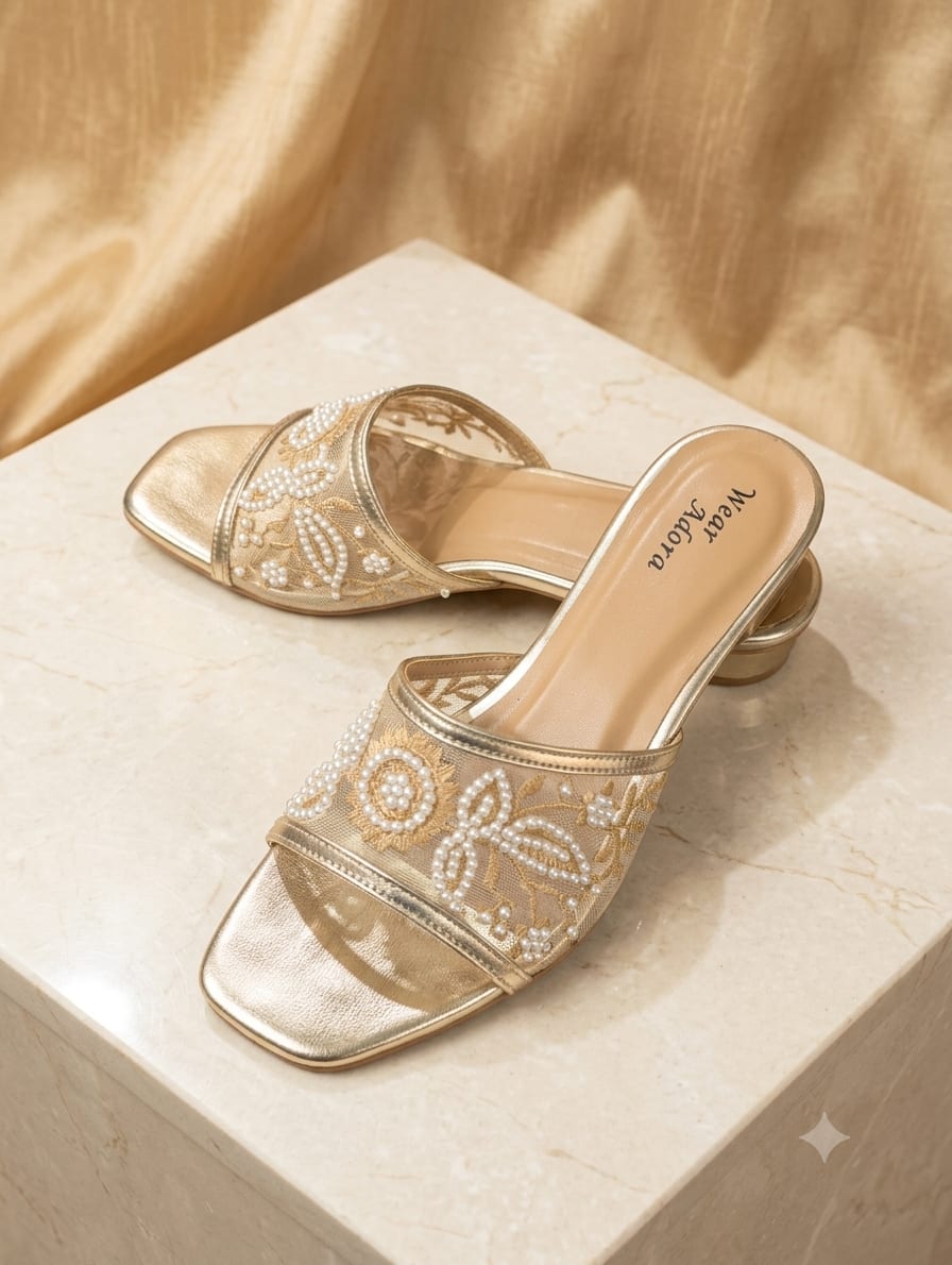 Pearl Bloom Embroidered Gold Flats — handcrafted Slides by Wear Adora Pakistan