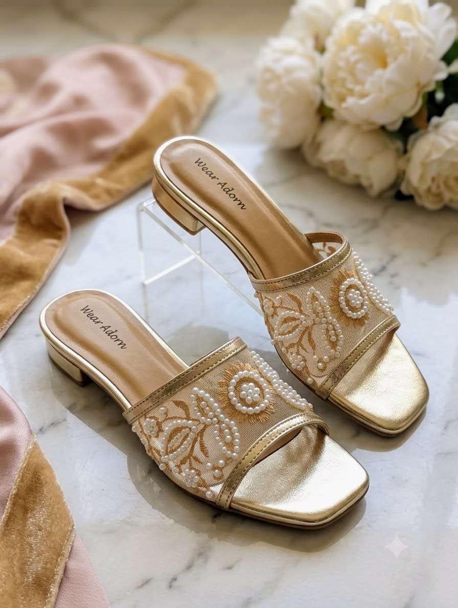 Pearl Bloom Embroidered Gold Flats — handcrafted Slides by Wear Adora 4