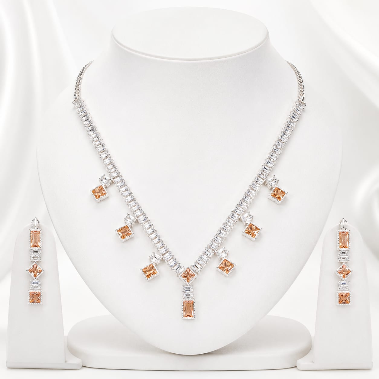 Blush Baguette Zircon Necklace Set with Maang Tikka — handcrafted Necklace by Wear Adora Pakistan