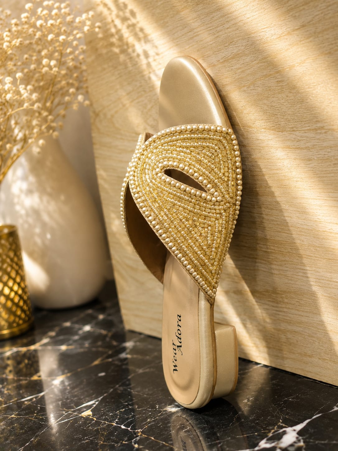 Gold Pearl Embellished Flats — handcrafted Slides by Wear Adora Pakistan