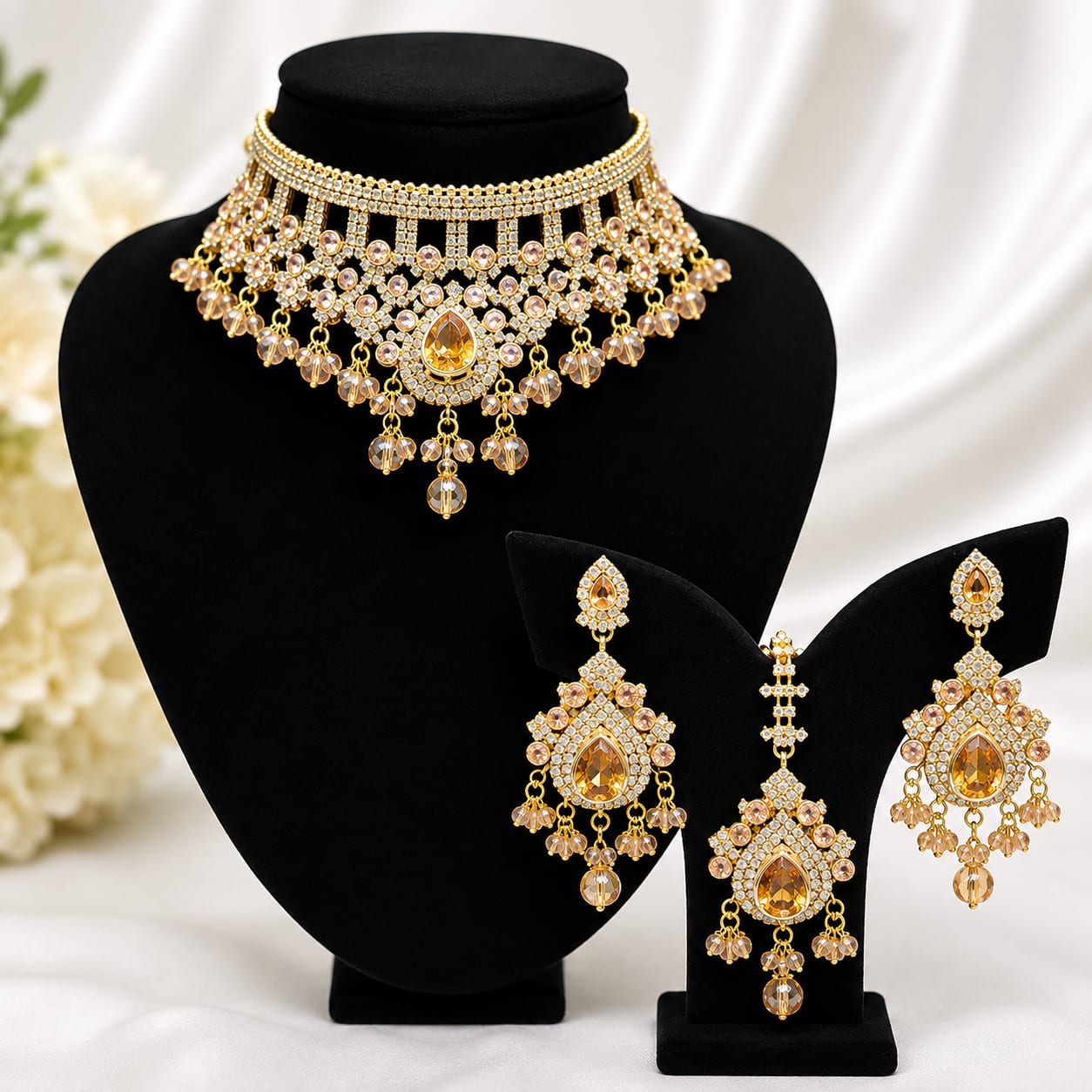 Luxury Bridal Jewelry with Earrings & Maang Tikka — handcrafted Necklace by Wear Adora Pakistan