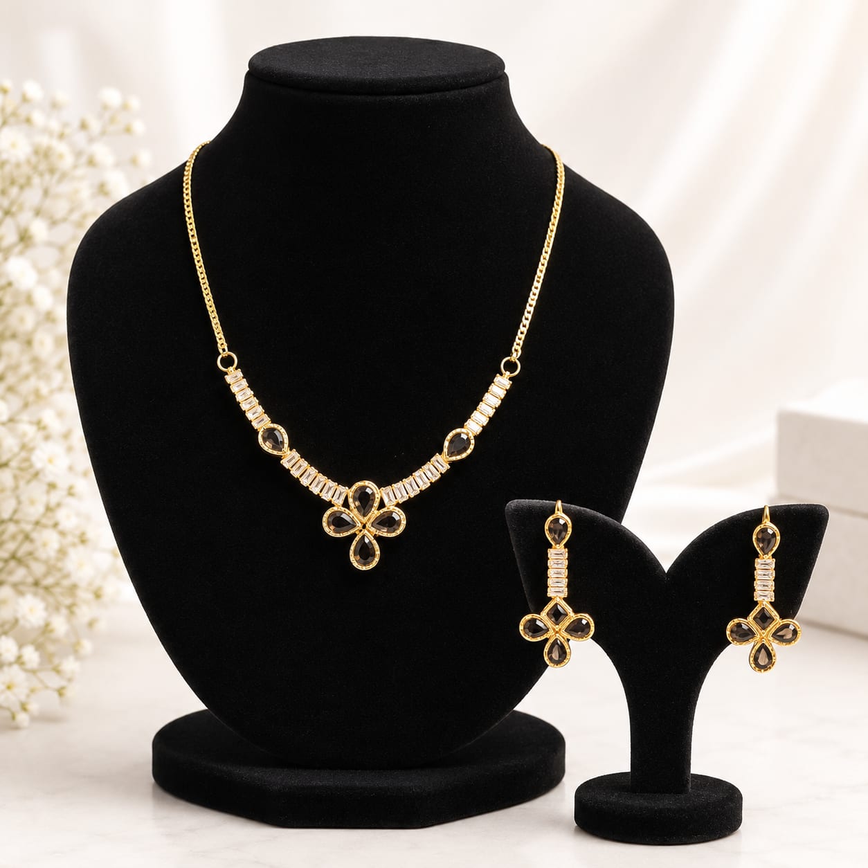 Midnight Clover Zircon Necklace Set — handcrafted Necklace by Wear Adora Pakistan