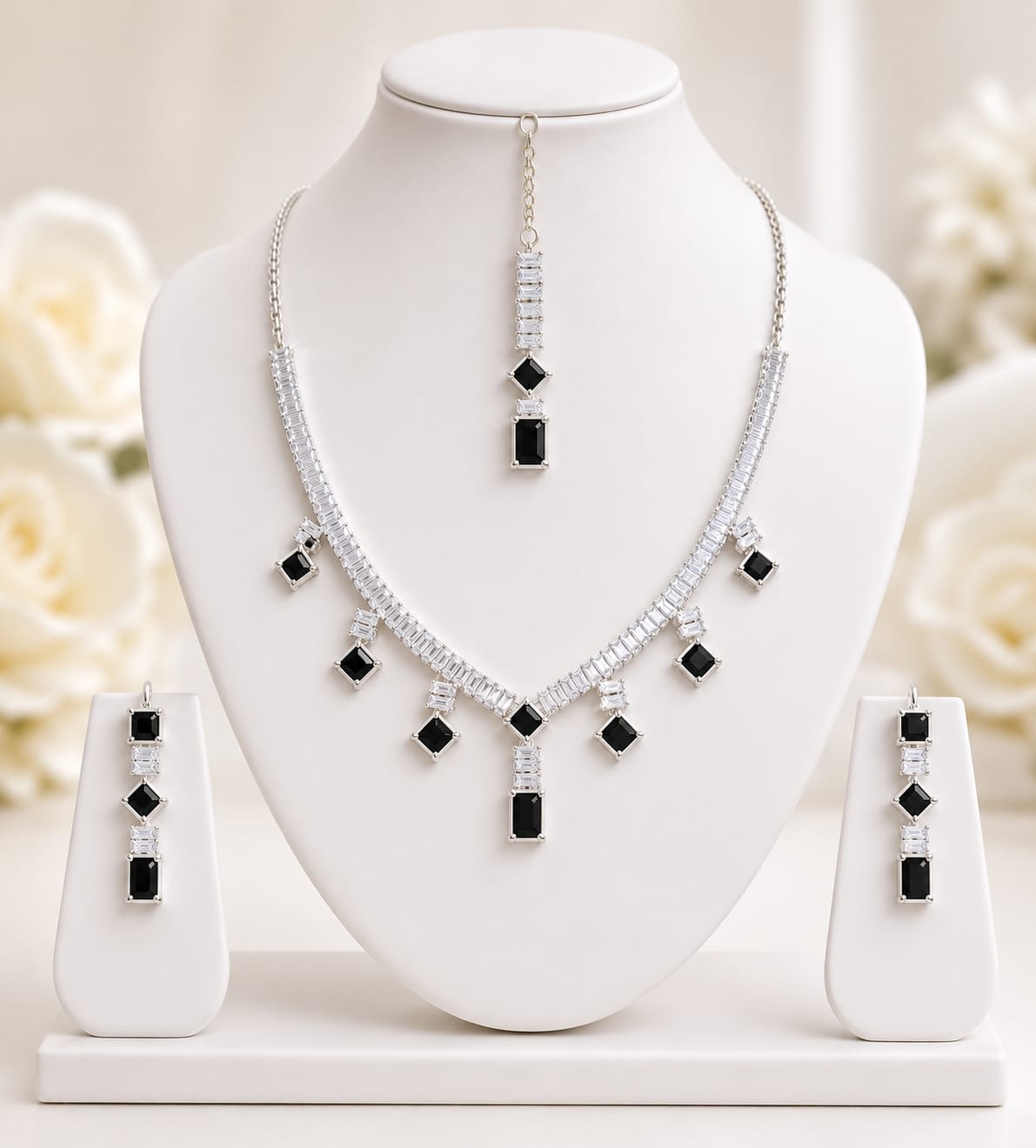Blush Baguette Zircon Necklace Set with Maang Tikka — handcrafted Necklace by Wear Adora 3