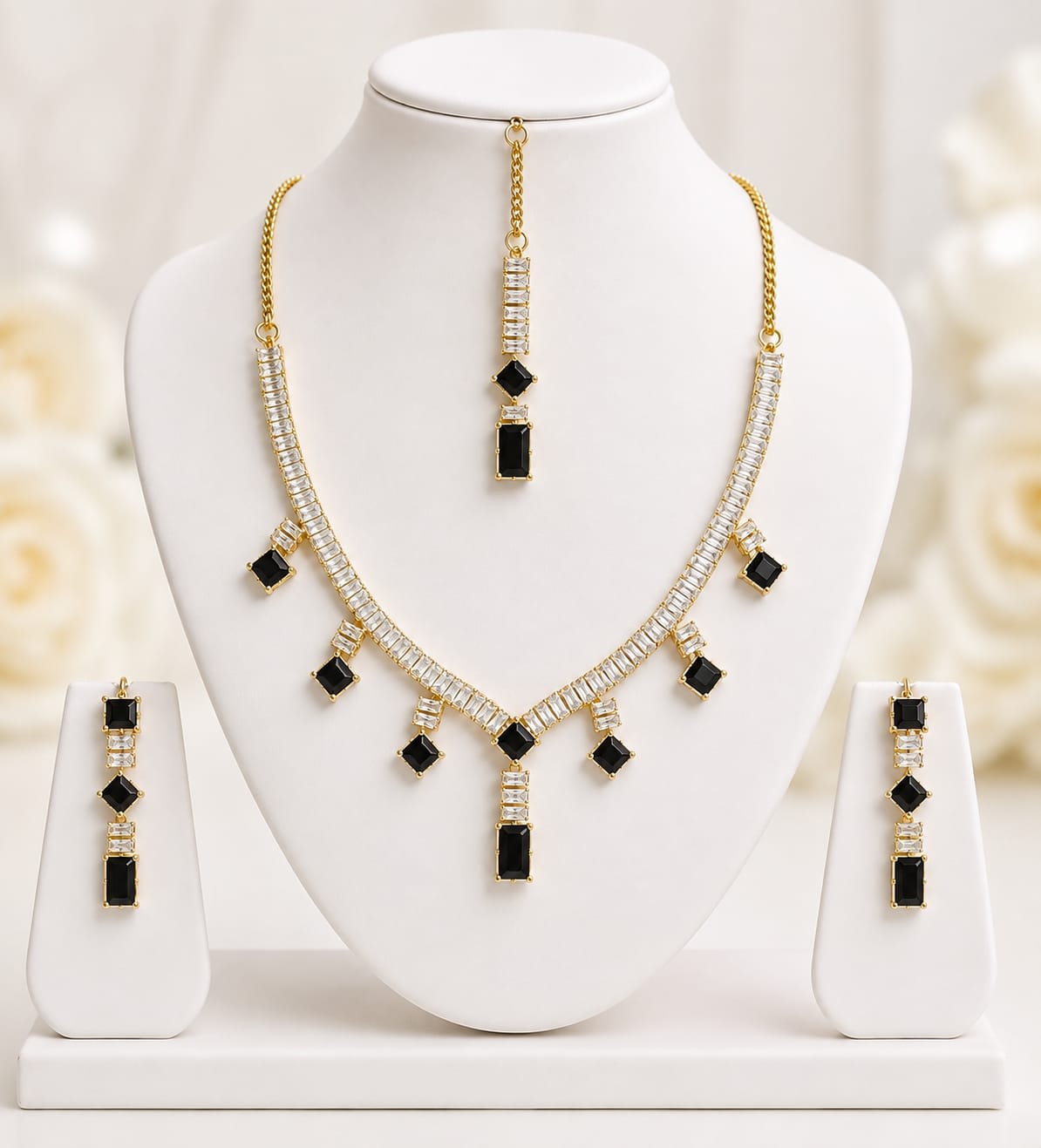 Blush Baguette Zircon Necklace Set with Maang Tikka — handcrafted Necklace by Wear Adora 4