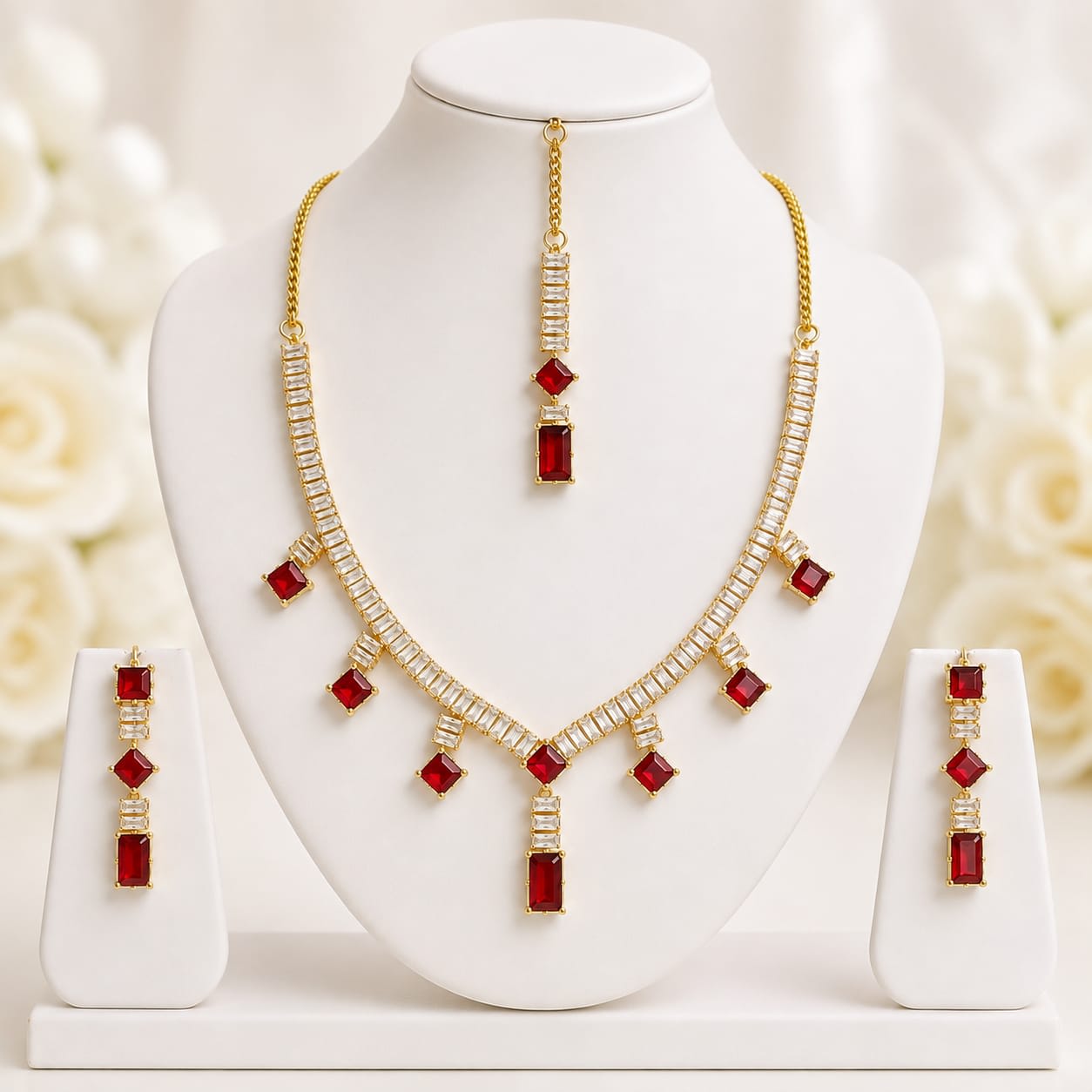 Blush Baguette Zircon Necklace Set with Maang Tikka — handcrafted Necklace by Wear Adora 5
