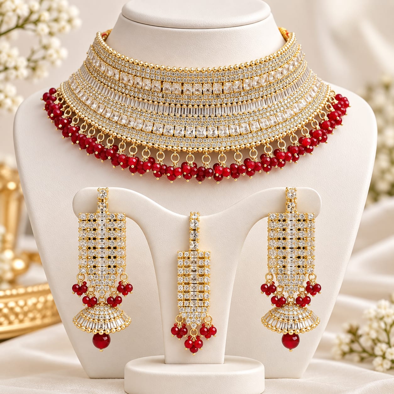 Zareen Bridal Zircon Choker Set – A1 Quality Stones with Earrings & Tikka — handcrafted Bridal by Wear Adora