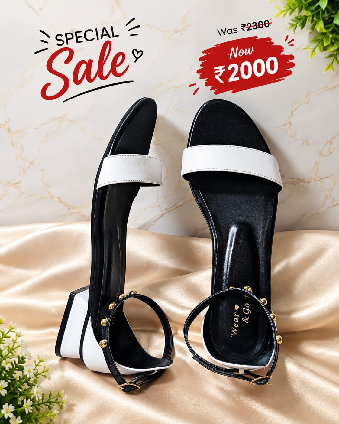 Adjustable ankle strap with gold detailing Black & White Sandal β handcrafted Sandal by Wear Adora