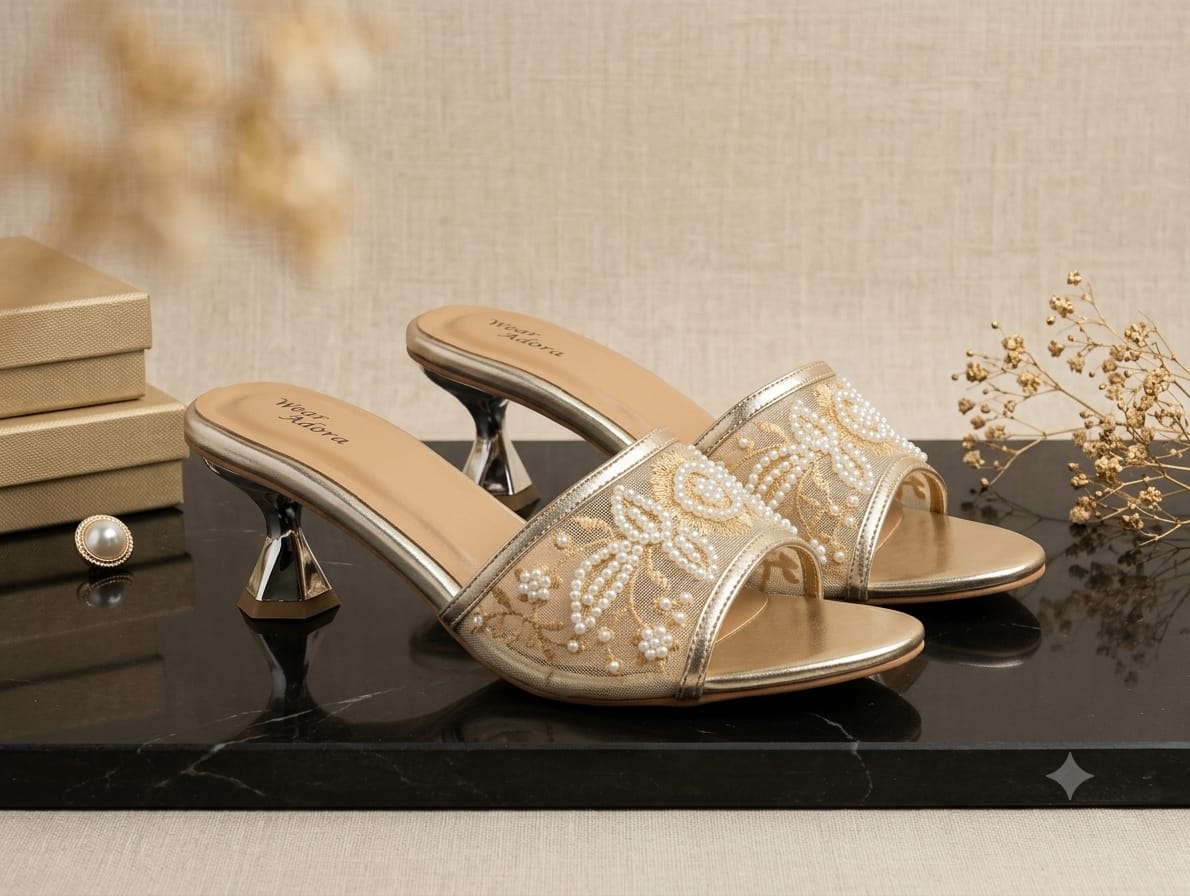 Pearl Embellished Golden Mule Heels — handcrafted Heels by Wear Adora