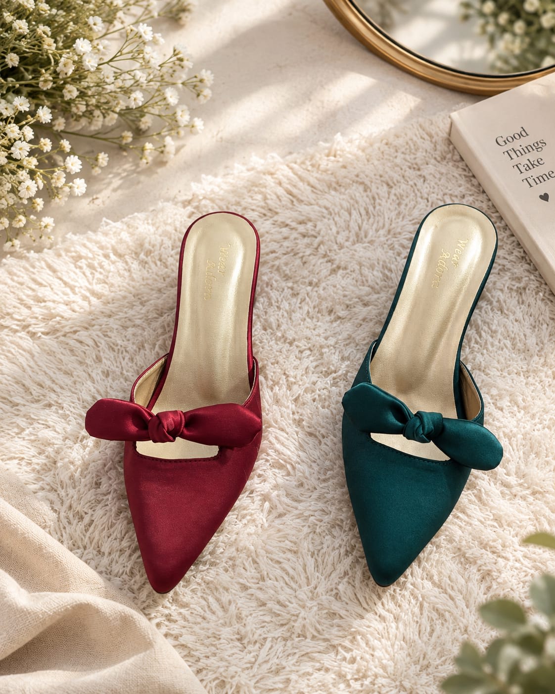 Bow Mule Heels for Women – Pointed Toe Block Heels | Green & Mehroon — handcrafted Heels by Wear Adora Pakistan