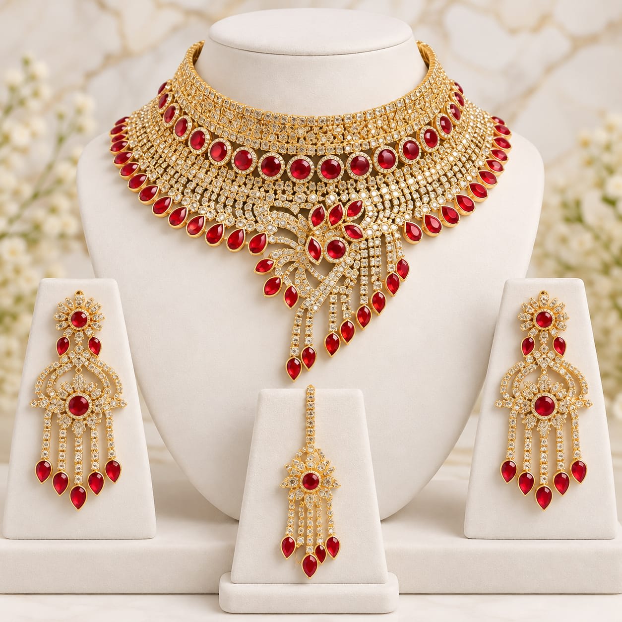 Luxury Ruby Zircon Bridal Necklace Set with Earrings & Maang Tikka — handcrafted Bridal by Wear Adora Pakistan