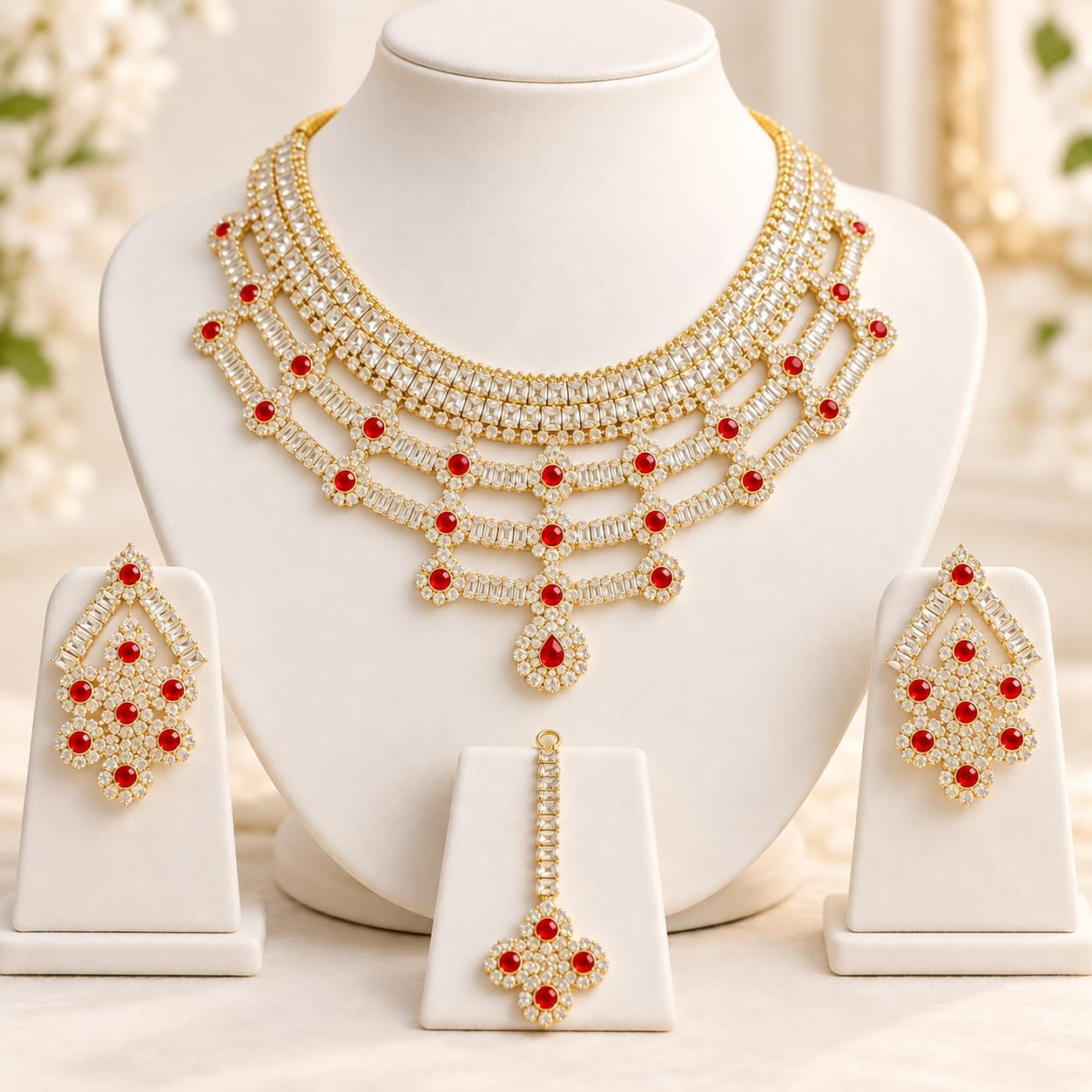 Luxury Multi-Layer Zircon Bridal Necklace Set with Earrings & Maang Tikka — handcrafted Bridal by Wear Adora Pakistan