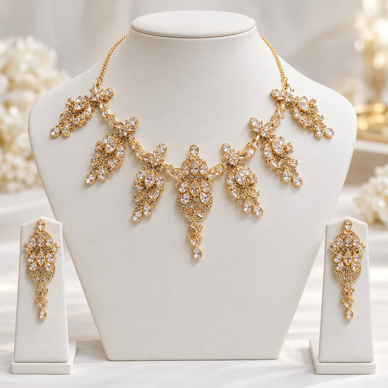 Luxury Gold-Tone American Diamond Necklace Set with Earrings — handcrafted Necklace by Wear Adora Pakistan