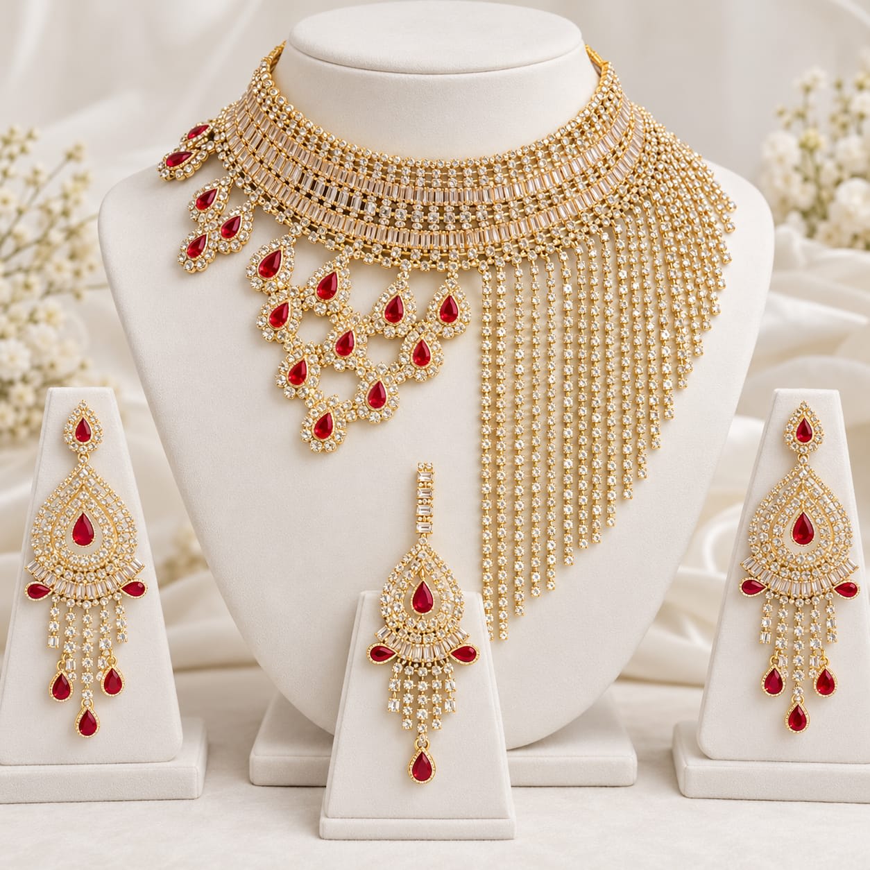 Royal Ruby Cascade American Diamond Bridal Necklace Set — handcrafted Bridal by Wear Adora Pakistan