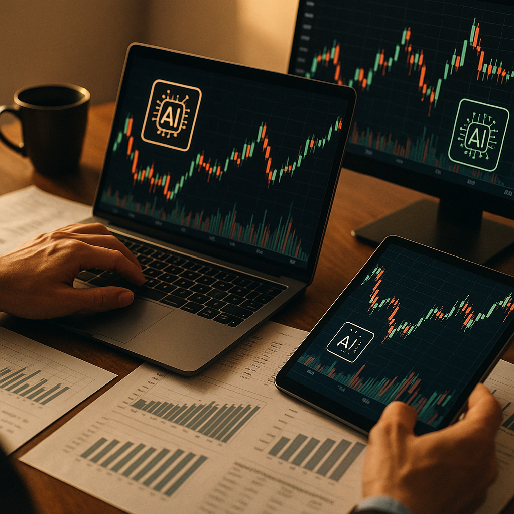 صورة تحريرية مقربة لأيدي محلل مالي على مكتب يحتوي على أجهزة رقمية متعددة تعرض مخططات أسهم متقلبة وأيقونات الذكاء الاصطناعي، أوراق تقارير مالية مبعثرة، فنجان قهوة قريب، إضاءة طبيعية دافئة تبرز التركيز، بدون شعارات أو نص.