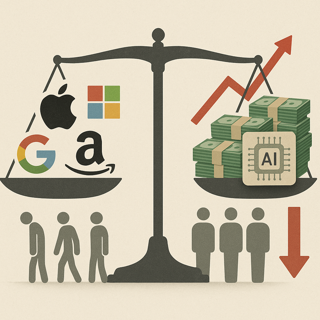 تصميم بصري نظيف بأسلوب تحريري يظهر ميزان توازن مبسط بأيقونات تمثل شركات التكنولوجيا الكبرى على جانب وأكوام من الأموال ورموز الذكاء الاصطناعي على الجانب الآخر، سهام تشير إلى اتجاهات النمو وتقليص الوظائف، أشكال بشرية بسيطة تمثل تقليل القوى العاملة، جميع العناصر بألوان واقعية هادئة بدون نص أو شعارات.