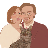 Illustration of Nikki and Stephen posed with their cat