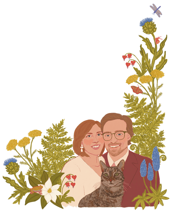 Illustration of Nikki Caniglia and Stephen Burks posed with their cat between them and plants surrounding them