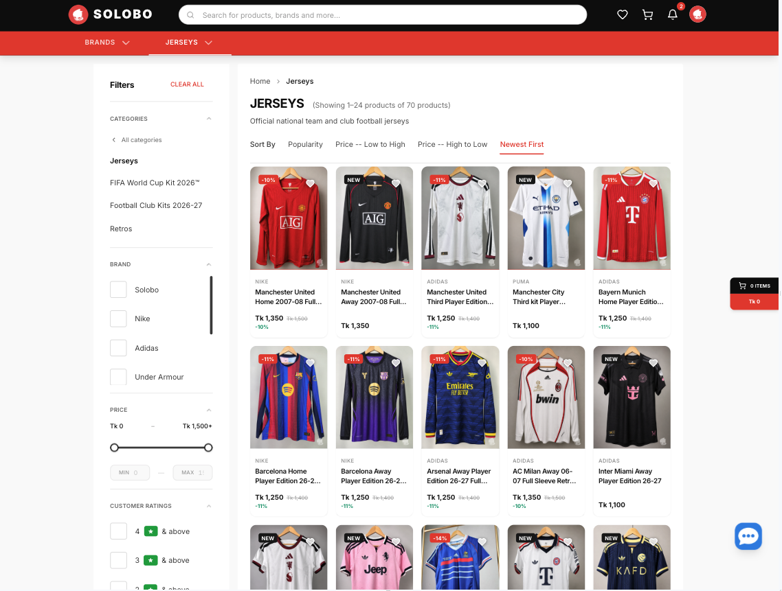 High-performance jersey marketplace with real-time dynamic filtering, fast search, and scalable catalog architecture.