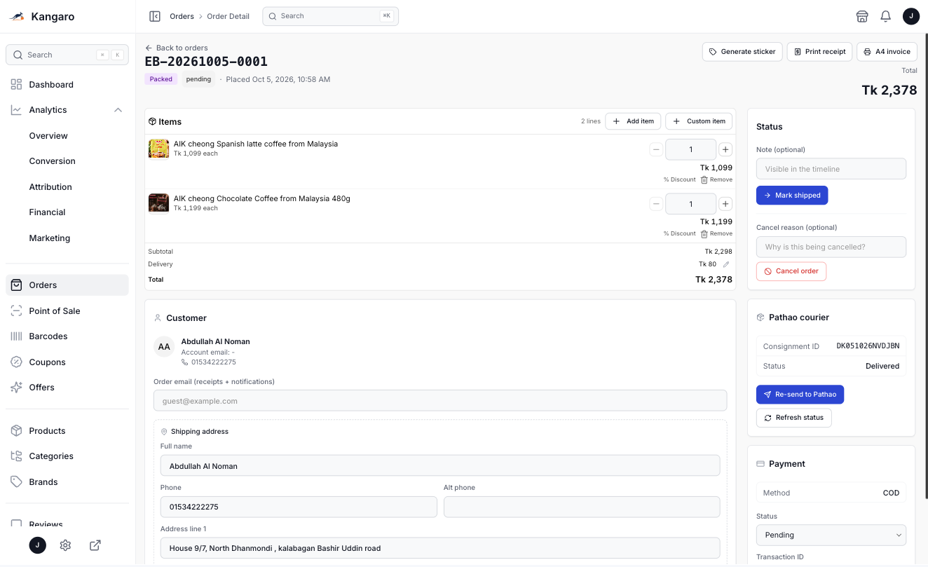Kangaroo Order Processing & Logistics Management Console Advanced Order Detail System with Automated Shipping API Integr