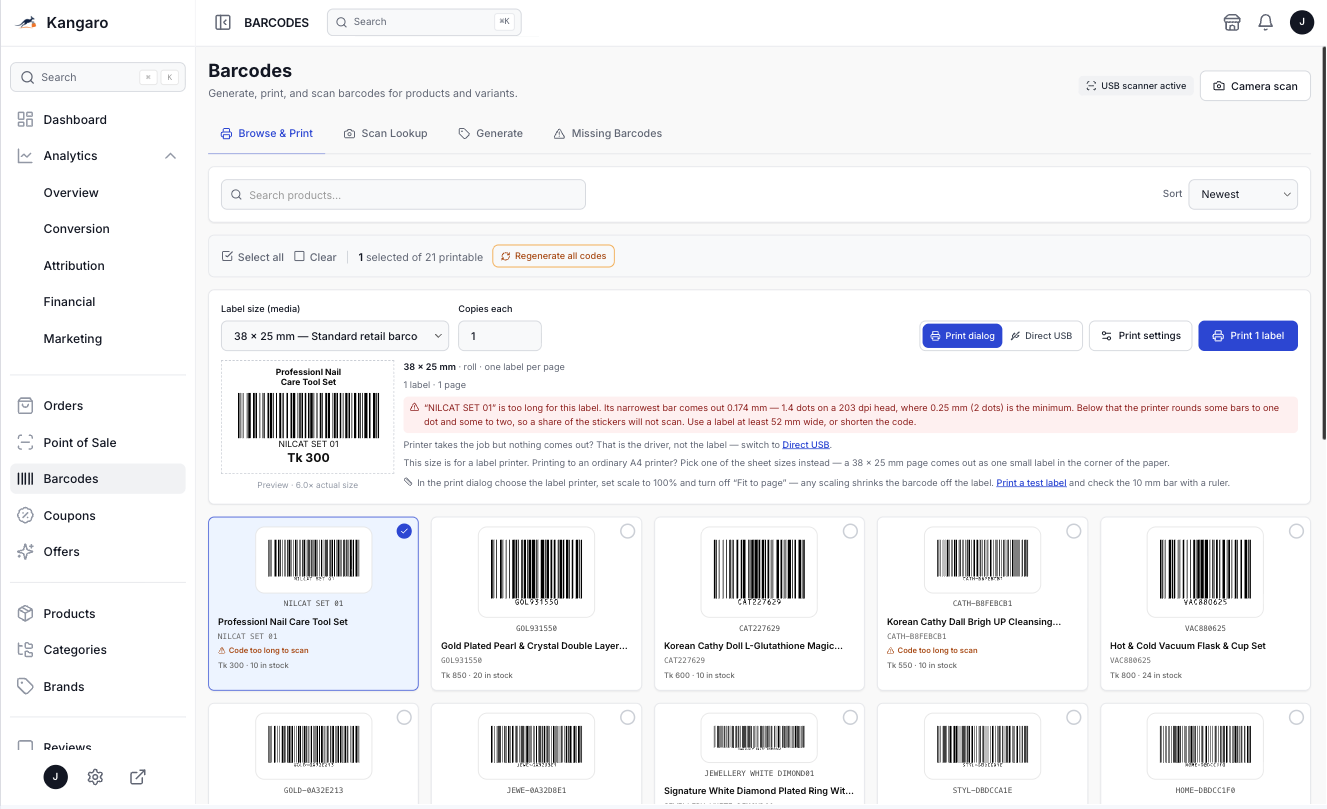 Kangaroo Barcode Generation & Thermal Printing Management Module Automated SKU Barcode Label Generator with Thermal Prin