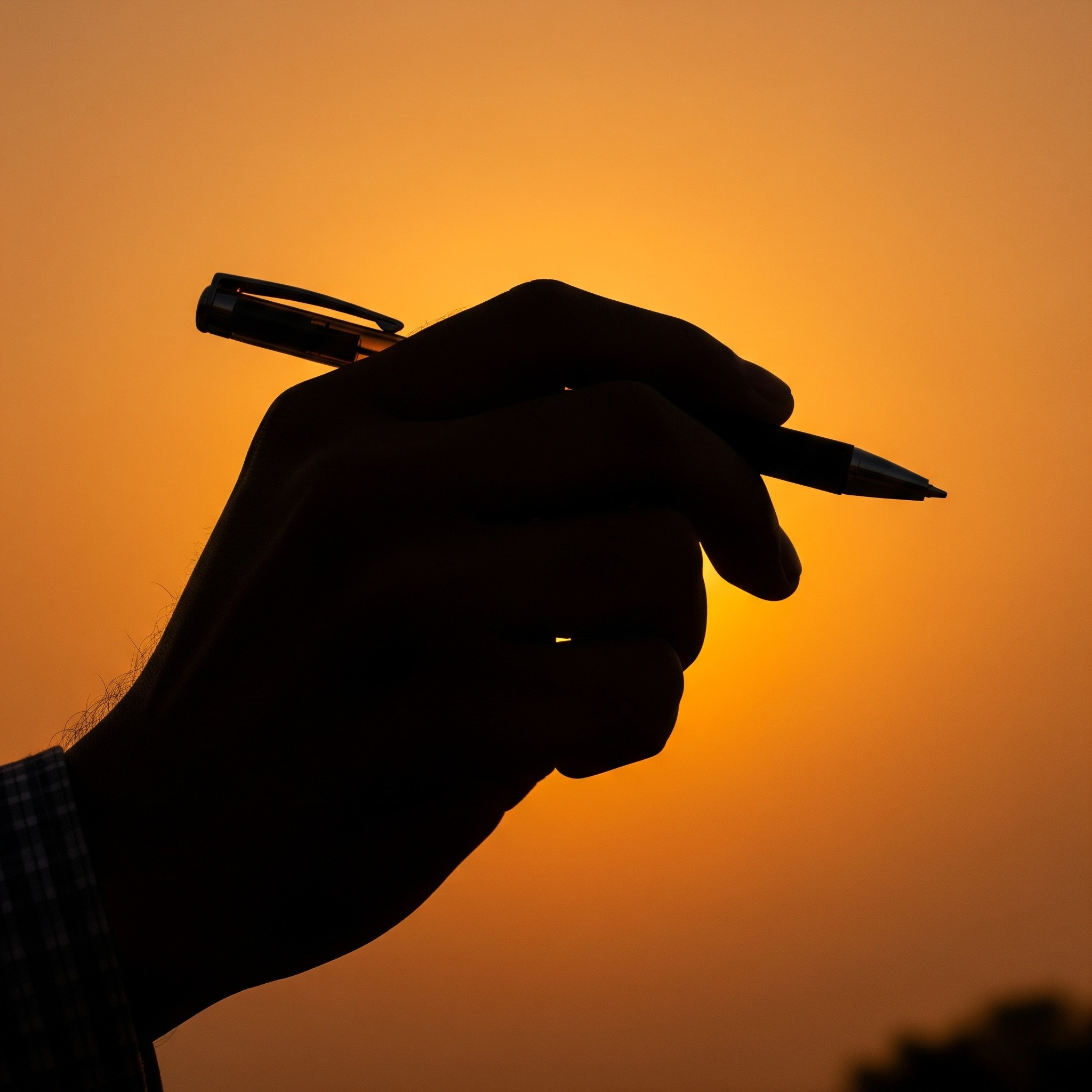 Shilloutte of a person's hand holding a pen, with a sunrise in the background, symbolizing new beginnings and the act of writing. 