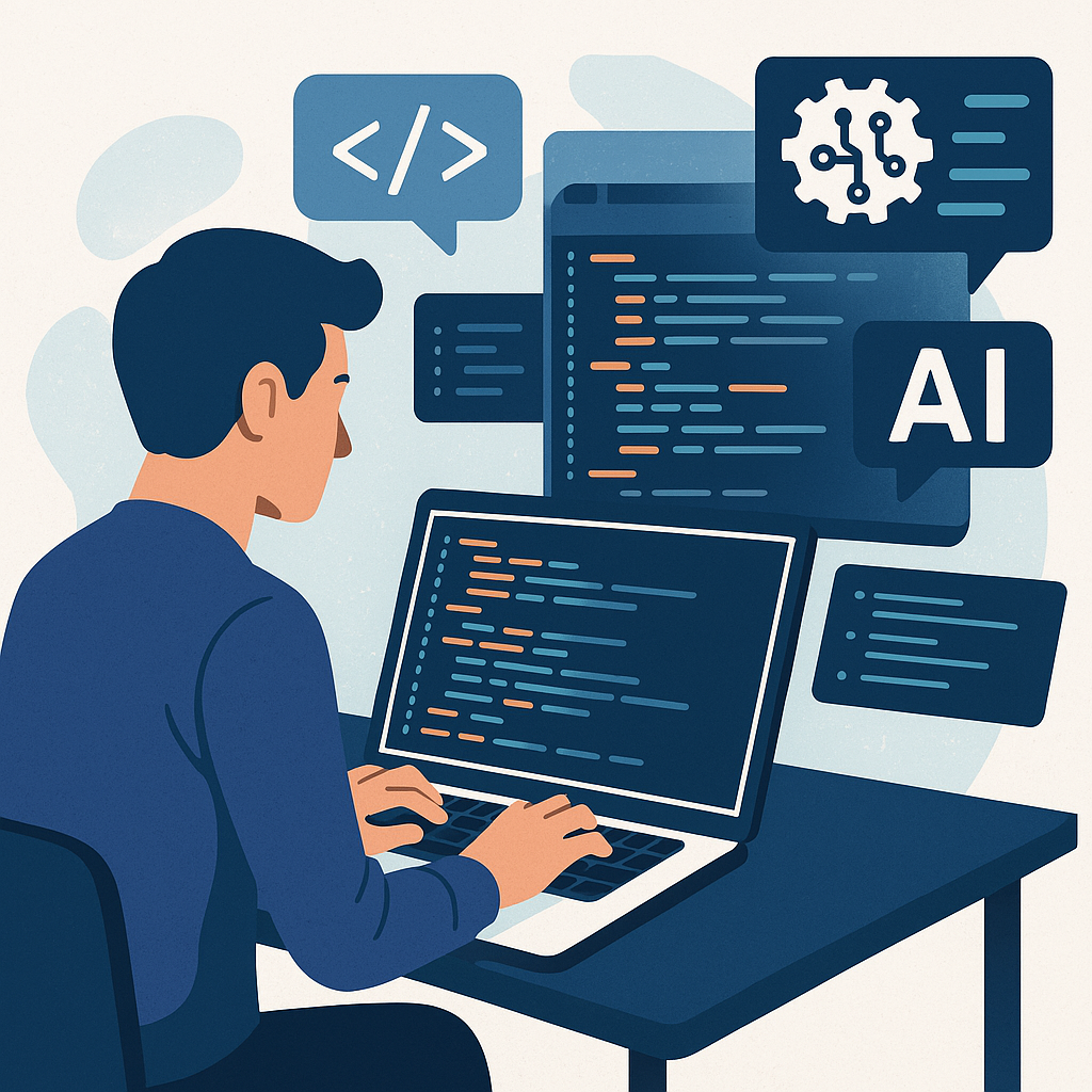 A person sitting at a desk, coding on a laptop with AI code suggestions visible on the screen, surrounded by books and notes. Depicting the integration of AI in software development. 